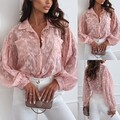 Damen Elegant Transparent Langarmshirt Blumen Bluse Tops Freizeit Hemd Oberteile
