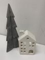 Weihnachten Deko Tannenbaum Beton-Optik + Teelichthalter weißes Keramik-Haus DUS