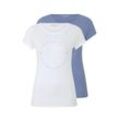 TOM TAILOR DENIM Damen Basic T-Shirt im Doppelpack mit Logoprint, blau, Gr. XL