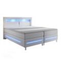 Juskys Boxspringbett Norfolk 140 x 200 cm – LED Beleuchtung, Bonell-Matratzen & Topper - weiß