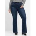 Große Größen: Bootcut-Jeans in High-Heel-Länge, mit Kontrastnähten, dark blue Denim, Gr.54