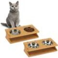2 x Napfstation, Katzen & kleine Hunde, je 2 Näpfe à 300 ml, erhöht, Bambus & Edelstahl, hbt 12x39x19,5 cm, natur/silber