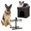 2 tlg Set Home Sweet Hund Deluxe xl, Hundebox braun, Sitzhocker mit Tierhöhle, Doppelnapf höhenverstellbar Futterstation