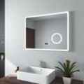 Badspiegel mit Beleuchtung, led Wandspiegel 80x60cm (Kaltweißes Licht, Touch-Schalter, Beschlagfrei, Uhr, 3-fach Lupe) - Emke