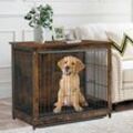 Modern Hundekäfig aus Massivholz und Metall, Hundebox mit Abnehmbare Bodenwanne und 2 Türen, Hundehaus im Möbelstil für kleine Hunde, 63x51x59cm