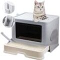 Haloyo - Katzentoilette mit ausziehbarer Schale, Katzenklo mit Schaufel, Haubentoilette mit Massagebrett, Faltbar Tragbar Doppeltür- grau