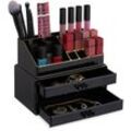 1 x Make Up Organizer klein, 2-tlg Schminkaufbewahrung mit Schubladen, stapelbares Kosmetikregal, Acryl, schwarz/gold