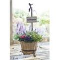 Dekoleidenschaft - Pflanzkübel Willkommen mit Vögelchen, aus Metall mit Pflanztopf aus Weide, Blumenkübel, Eingangsdeko, Pflanzgefäß für Draußen