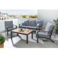 Timbers Gartenlounge-Set Kentucky, (Set, 4-tlg., 2x Sessel, 1x 3er Bank, 1x Tisch 106x60x45cm, inkl. Auflagen), inkl. Zierkissen, Details aus Teakholz, Aluminium, beige