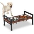 Relaxdays - Futterstation Hund, erhöhte Hundebar, 2 Fressnäpfe aus Edelstahl, je 750 ml, Mangoholz & Eisen, braun/schwarz