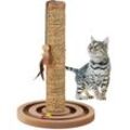 Kratzsäule für Katzen, HxD: 45 x 30 cm, Kratzstamm mit Spielzeug, Seegras-Seil, interaktiver Kratzbaum, braun - Relaxdays