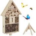 Insektenhotel Haus auf Ständer, Nisthilfe für Garten, Bienenhotel Wildbienen, Holz, hbt: 140x47x47cm, natur - Relaxdays