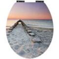 Wc Sitz Maritim Beach Love, Absenkautomatik, Fast-Fix-Befestigung aus Metall, universale O-Form, stabiler Holzkern Toilettendeckel, Komfort
