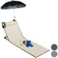 Strandmatte, gepolsterte Strandliege xxl mit Sonnenschirm, 3-stufig verstellbar, Kopfkissen, tragbar, beige - Relaxdays