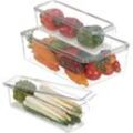 Kühlschrank Organizer, 3er Set Kühlschrankeinsätze, 2 Größen, Kühlschrankboxen mit Deckel, transparent/weiß - Relaxdays