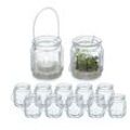 Windlicht, 12er Set, Glas, mit Henkel, innen & außen, Deko Teelichthalter, HxD: 9 x 8,5 cm, transparent/silber - Relaxdays