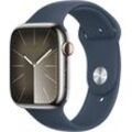 Apple Watch Series 9 GPS + Cellular Stainless Steel 45mm M/L Smartwatch (4,5 cm/1,77 Zoll, Watch OS 10), Sport Band, silberfarben