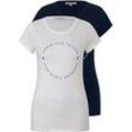 TOM TAILOR DENIM Damen Basic T-Shirt im Doppelpack mit Logoprint, blau, Logo Print, Gr. M