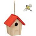 Relaxdays Deko Vogelhaus, Holz, Vogelhäuschen zum Aufhängen, HBT: 16 x 15 x 11 cm, Vogelvilla Garten, Balkon, natur/rot