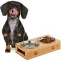 Futterstation Hund, erhöhte Hundebar, 2 Fressnäpfe, je 300 ml, Bambus & Edelstahl, Doppel Napfständer, natur - Relaxdays