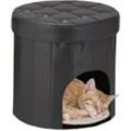 Katzenhocker, 2in1 Sitzhocker & Haustierhöhle, HxD: 38x38 cm, für Katzen & kleine Hunde, mit Kissen, anthrazit - Relaxdays