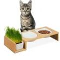 Katzen Futterstation mit Katzengras Schale, 2 Keramiknäpfe je 400 ml, spülmaschinenfest, Katzenbar, natur/weiß - Relaxdays