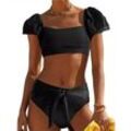 B.X Schwimmanzug Damen Bikini-2-teiliges Set für Bademode-Set Blasenärmeln Sexy rückenfreier Badeanzug mit hoher Taille Badeanzüge Bauchkontrolle