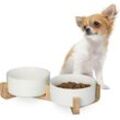 Relaxdays - Hunde Napfbar Keramik, 850 ml, Futter & Wasser, Futternapf mit Bambus-Gestell, HxBxT: 9 x 32 x 17 cm, weiß