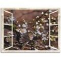 Wandbild ARTLAND "Fensterblick - Kirschblüten mit Amsel" Bilder Gr. B/H: 80 cm x 60 cm, Leinwandbild Vögel, 1 St., schwarz Kunstdrucke