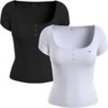 T-Shirt TOMMY JEANS "TJW 2PACK HENLEY SS RIB TEE" Gr. L (40), schwarz-weiß (white, black) Damen Shirts Jersey