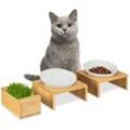 Katzennapf Set mit Katzengras Schale, 2 Keramiknäpfe je 350 ml, Bambus-Ständer, spülmaschinenfest, natur/weiß - Relaxdays