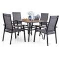 Gartentisch mit 4 Stühle Set, Holzähnlich Garten Tisch mit 4cm Schirmloch und 4 Aluminium Textilene Gartenstühle, Terrasse, Balkon, Bistro, Camping