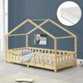 en.casa Kinderbett Treviolo 90x200 cm mit Kaltschaummatratze und Gitter Holz Natur