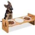 Futterstation für Hunde, höhenverstellbar, 3 Näpfe, je 200 ml, Bambus und Keramik, Napfständer, natur/weiß - Relaxdays