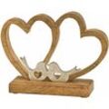 Deko Doppelherz aus Mango Holz mit Metall Vögeln - Dekofigur Holzherz Tisch Deko Skulptur Holz Herz