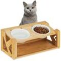 Katzen Futterstation, 2 Keramiknäpfe je 400 ml, höhenverstellbare Katzenbar, spülmaschinenfest, natur/weiß - Relaxdays