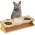 Katzen Futterstation, 3 Näpfe, je 400 ml, aus Bambus & Keramik, Napfständer, spülmaschinenfest, natur/weiß - Relaxdays