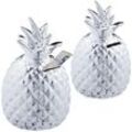 2 x Spardose Ananas, Dekofigur, Sparschwein mit Schloss, 2 Schlüssel, Keramik Sparbüchse, h x d 16 x 9 cm, Silber