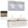 Doppel-Waschplatz 120 cm Set inkl. LED-Spiegelschrank & 2x Keramik Aufsatzwaschbecken TAREE-03 in matt weiß - weiß