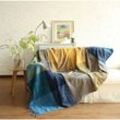 Einfache Sofadecke aus Baumwolle, gestrickte Fransendecke, doppelseitiges Patchwork, warme dekorative Decke für Zuhause, Büro, Reisen (Tibetblau, 150