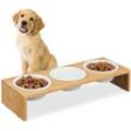 Futterstation Hund, Hundebar 3 Näpfe, je 400 ml, spülmaschinenfest, Bambus & Keramik, Napfständer, natur/weiß - Relaxdays