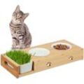 Relaxdays - Katzen Futterstation mit Katzengras Schale, 2 Keramiknäpfe je 250 ml, spülmaschinenfest, Katzenbar, natur/weiß