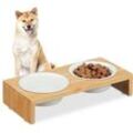 Futterstation Hund, Hundebar 2 Näpfe, je 270 ml, spülmaschinenfest, Bambus & Keramik, Napfständer, natur/weiß - Relaxdays