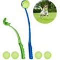 Ballschleuder für Hunde, 2er Set Ballwerfer, inklusive 5 Tennisbälle, Ballwurfarm, Hundespielzeug, blau/grün - Relaxdays