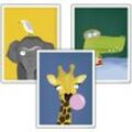 Kinderzimmer Poster Afrika 3er-Set, 30 x 40 cm Giraffe, Krokodil und Elefant