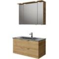 Badmöbel-Set SAPHIR "Serie 6025 2-teilig Mineralmarmor-Waschtisch mit LED-Spiegelschrank", braun (riviera eiche quer nb), B:97cm H:200cm T:48cm, Spanplatte, Kastenmöbel-Sets, Waschplatz 97 cm breit, 2 Schubladen, 3 Spiegel-Türen, inkl Türdämpfer
