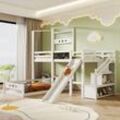Kinderbett Etagenbett mit Brett und Rutsche, Treppe mit Stauraum Einzelbett 90x200 cm mit Rausfallschutz, Kinderhochbett 2x Lattenrost - Weiß