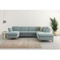 Wohnlandschaft HOME AFFAIRE "Trelleborg U-Form", blau (aqua), B:307cm H:86cm T:213cm, 100% Polyester, Sofas, Federkern-Polsterung, wahlweise mit Bettfunktion und Stauraum