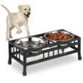 Relaxdays Futterstation Hund, erhöhte Hundebar, 2 Fressnäpfe, je 750 ml, Doppel Napfständer, Eisen & Edelstahl, schwarz