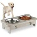 Relaxdays Futterstation Hund, erhöhte Hundebar, 2 Fressnäpfe, je 750 ml, Mangoholz & Edelstahl, Doppel Napfständer, grau